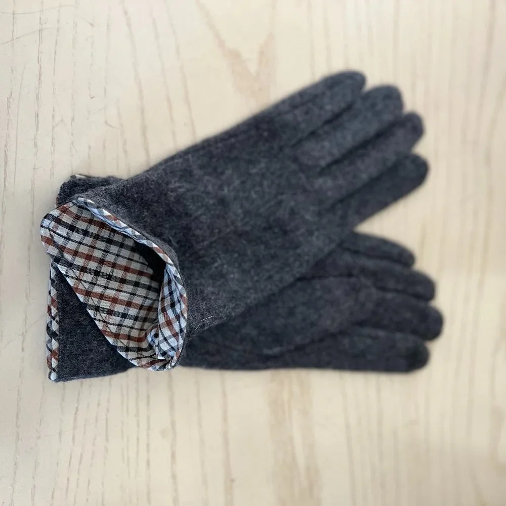 Winter Gloves Faux Cashmere Gray Plaid Cuff Touch Screen Smart